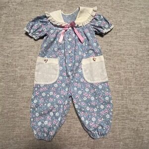 Vintage Lightning Bug Romper 12M USA Floral Lace Collar Cottagecore Baby